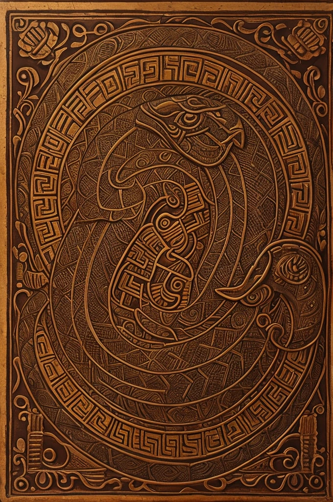 Image of the feathered serpent with a woman below clutching a heart 