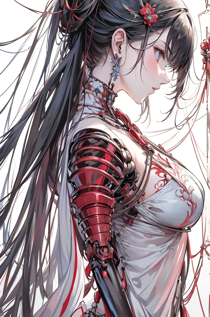 (masterpiece,Highest quality,Highest quality,Official Art,Beauty and aesthetics:1.2),(1. Mechanical Girl:1.3),(Upper body only:1.4),Huge ,Severed from the neck(Exposing internal organs and mechanical entrails),Blood管,(Pierced the body:1.4 ),Very detailed,rich color details((Very detailedな)),(Very detailedなCGイラスト),((Very elegant and beautiful),(From the side From the side),(Machine made joints:1.2),((Mechanical Limbs)),(チューブに接続されたBlood管), (Mechanical vertebrae attached to the back),((Mechanical cervical vertebrae attached to the neck)),(sit),Expressionless,(Wires and cables attached to the neck:1.2),(Overhead Wires and Cables:1.2)(Character Focus),sf,White Background,(Blood:1.5),