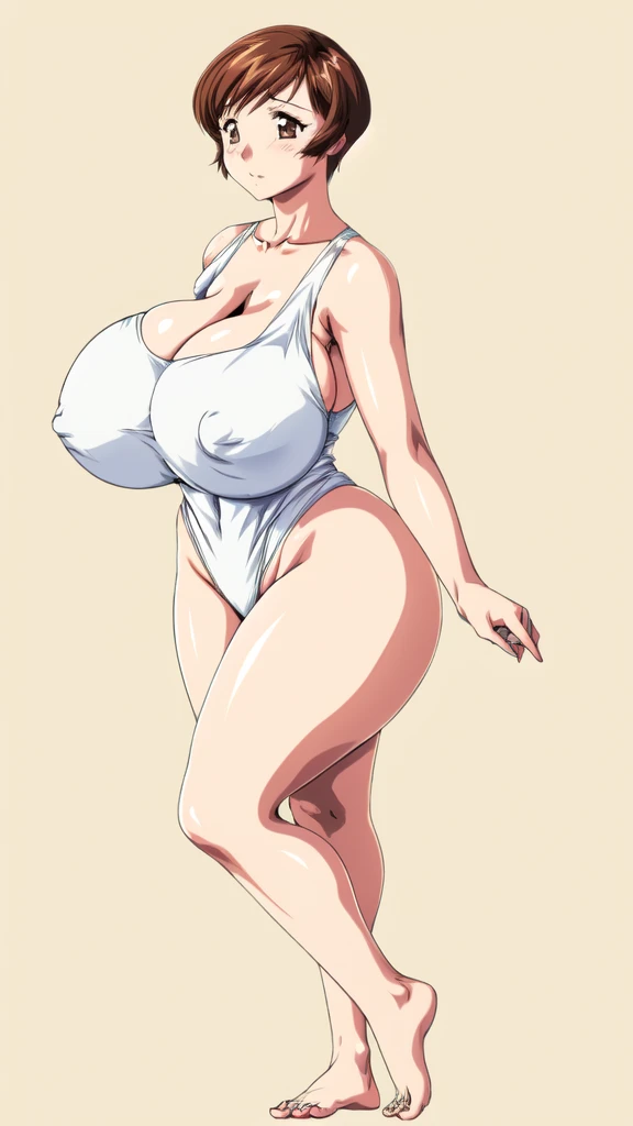 masterpiece, highest quality, High resolution, One girl, solo, sexual intercourse, Pornographic images, short hair, etsukoto, brown Eyes, fine grain, fine grain, long legs, (((Thick thighs, Plump thighs, Voluptuous thighs, Thighs alone are enough))), Huge and ample breasts, Cleavage, big long breasts, Naughty big,((big breasts are important))、((Naughty thighs)), L Cup, (thin:1.4),(Tight waist:1.4), (white swimsuit:1.4), anguish, blash, (((Simple Background))), ((Wide Hips)), Shiny, Oily skin, Mature mother, Calf, Seductive mature woman, milf, Perfect body, Plus Size Model, curvy, ample, etsukoto, blush, clavicle, retro artstyle, 1990s (style), (thick thighs:1.4), bursting breasts, full body, feet, (from side:0.9),