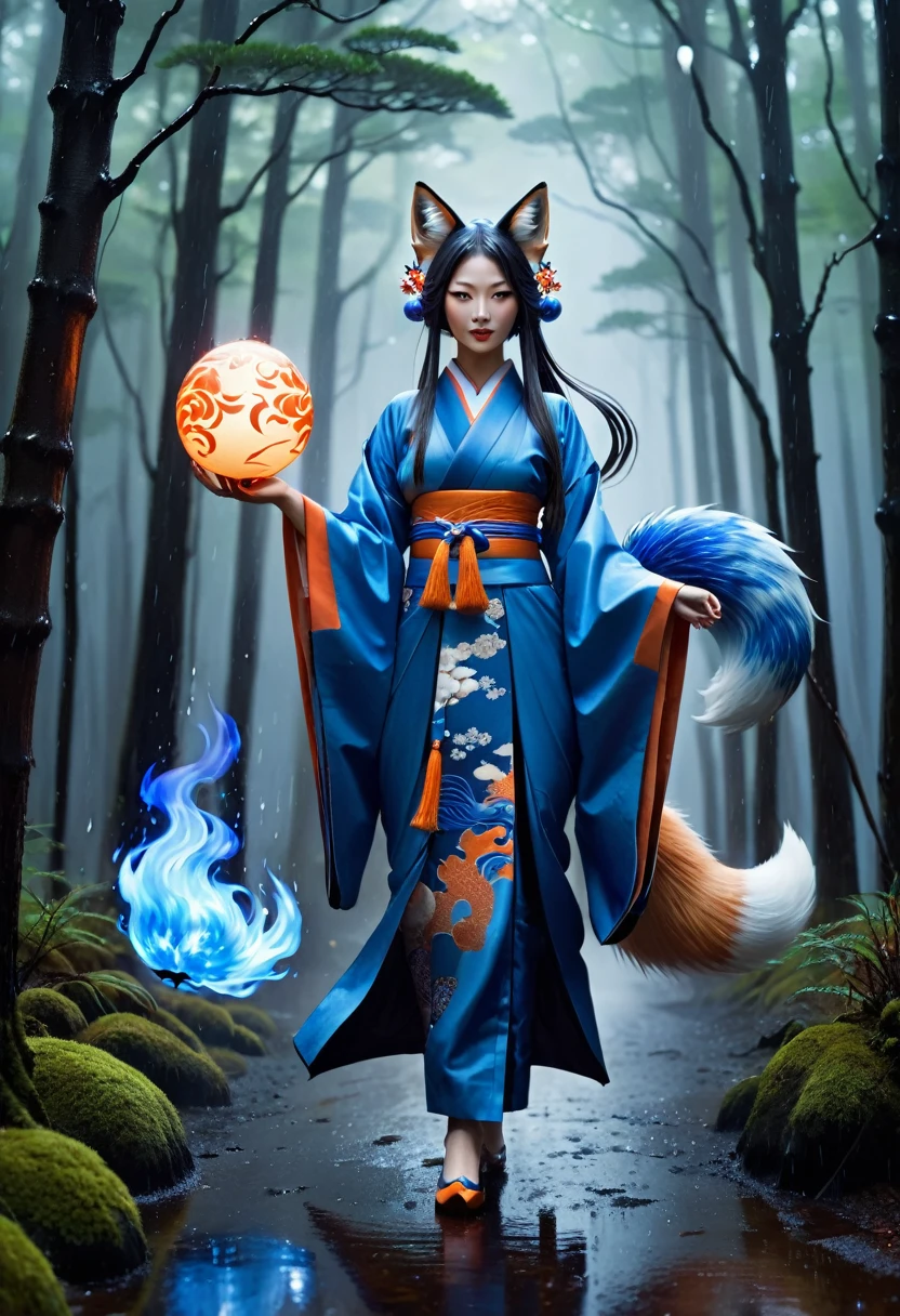 Masterpiece, Extremely detailed, (A beautiful kitsune woman walking in a rainy forest holding a small ball of blue fire), facing viewer, dynamic pose , fox ears, nine fox tails, traditional Japanese clothing with random colors.
