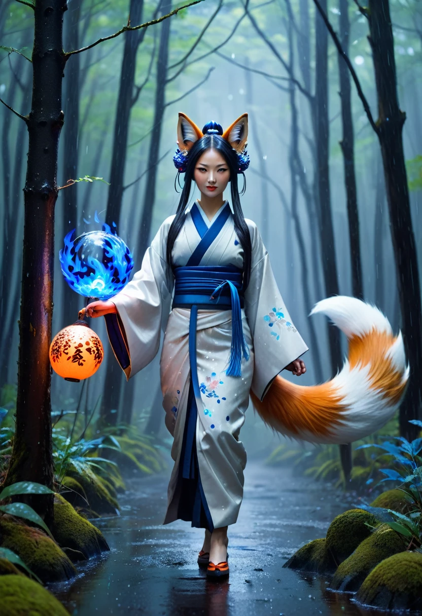 Masterpiece, Extremely detailed, (A beautiful kitsune woman walking in a rainy forest holding a small ball of blue fire), facing viewer, dynamic pose , fox ears, nine fox tails, traditional Japanese clothing with random colors.