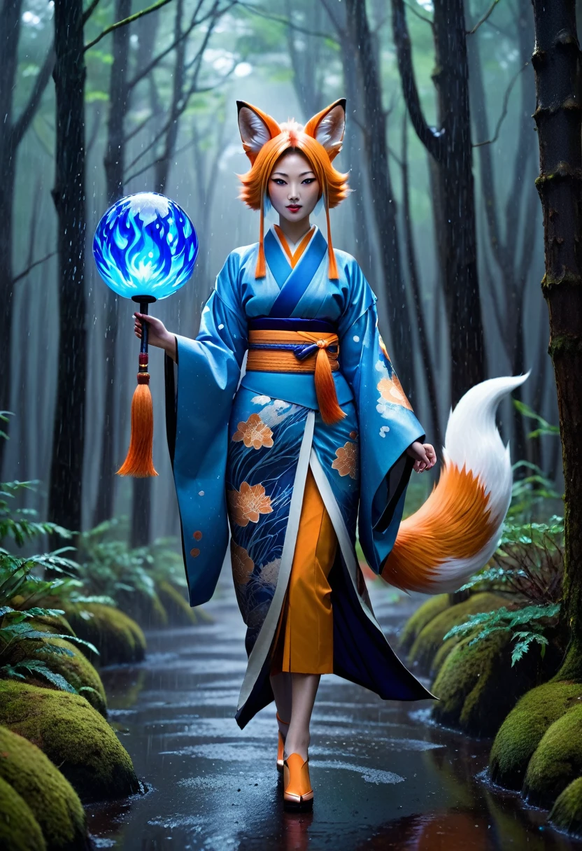 Masterpiece, Extremely detailed, (A beautiful kitsune woman walking in a rainy forest holding a small ball of blue fire), facing viewer, dynamic pose , fox ears, nine fox tails, traditional Japanese clothing with random colors.