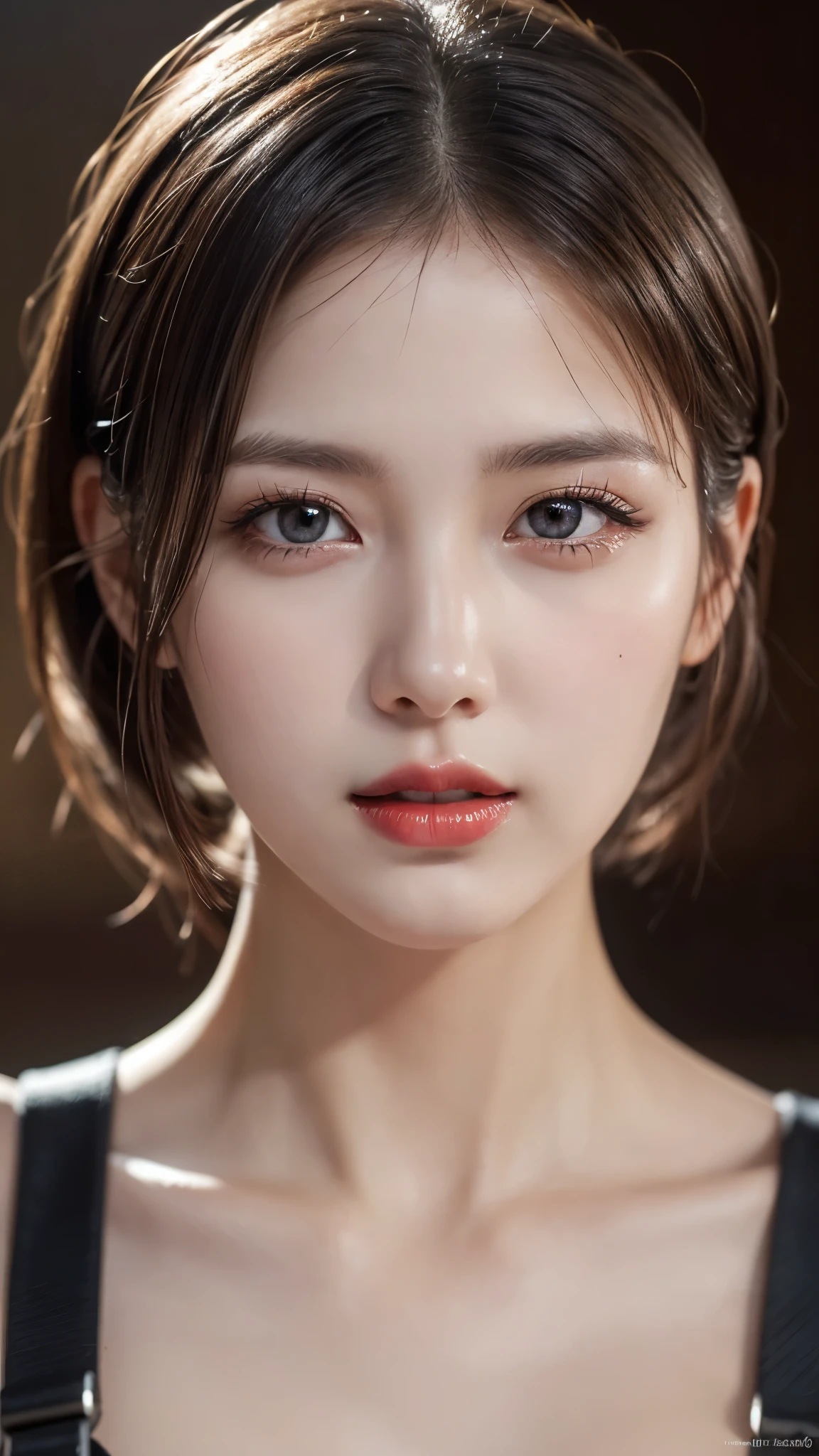 (Best quality,8k,high resolution,masterpiece:1.2),Digital Artwork, A girl,Delicate face,Delicate eyes,Dark brown hair,Short straight hair,Shining amber eyes,Red lips,Suspenders ,particle,dust,Warm colors,shy,in love,(HD skin),Shallow depth of field