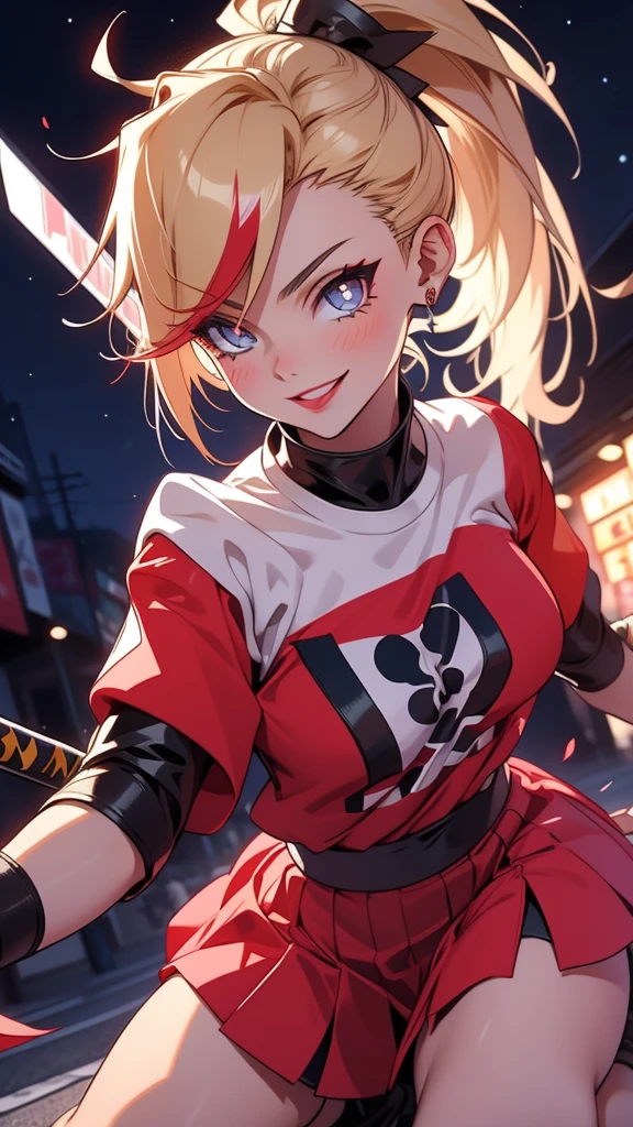 Cheerleader, cute woman, holding down a katana, big smile, samurai pose, kneeling pose, expressive, simple nightscape, confident smile, ultra detailed face, better quality, perfect eyes Blue, glowing eyes, long eyelashes, sharp eyes, ultra detailed face, ultra long hair, ultra detailed hair, ultra detailed hair strands, catwalk, walking down the streets, night, starry Sky, ultra detailed lips, Red lips,