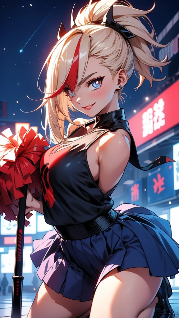 Cheerleader, cute woman, holding down a katana, big smile, samurai pose, kneeling pose, expressive, simple nightscape, confident smile, ultra detailed face, better quality, perfect eyes Blue, glowing eyes, long eyelashes, sharp eyes, ultra detailed face, ultra long hair, ultra detailed hair, ultra detailed hair strands, catwalk, walking down the streets, night, starry Sky, ultra detailed lips, Red lips,