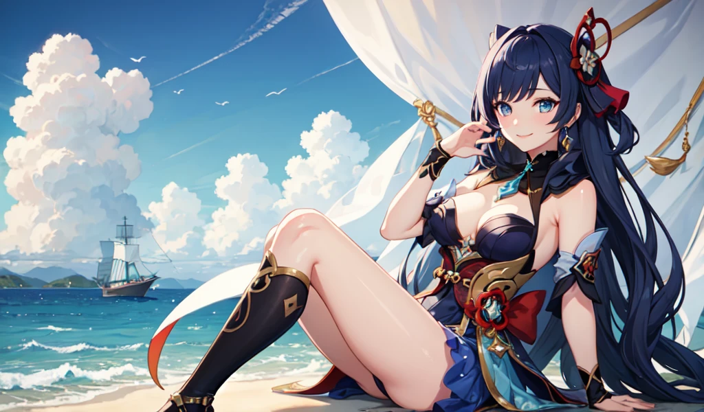 ((Highest quality)), ((masterpiece)), (detailed), One girl, ((masterpiece)), Navia style in Genshin Impact , With the sea in the background , Back of the ship , Have, gem, Sweet expression, smile,The sun is shining, Expressive blue eyes, Thighs