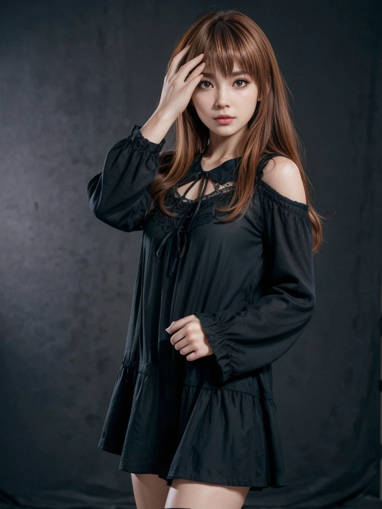 Kasumi, brown eyes, (best quality, ultra-detailed), (realistic:1.37), beautiful and detailed face, ultra-realistic texture, delicate face, delicate body, red lipstick, bright colors. High definition, 8K.