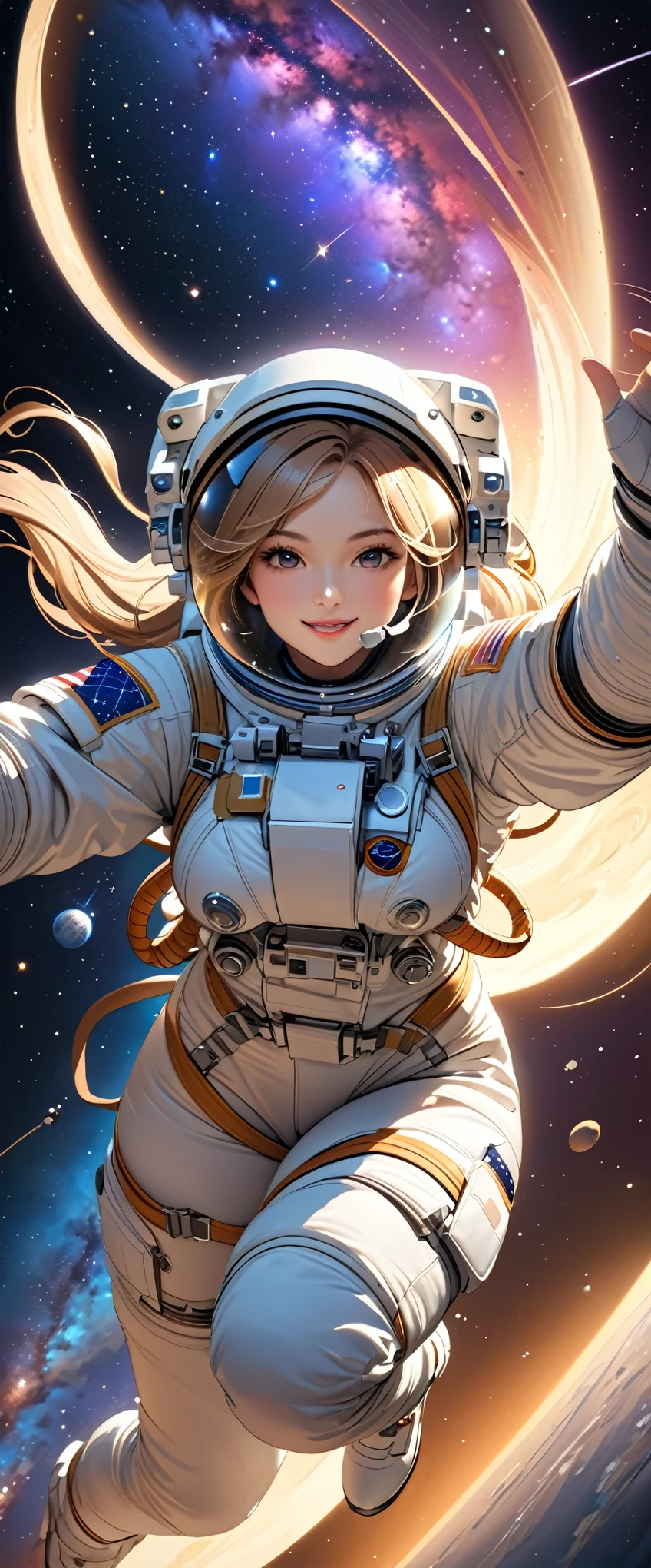 (masterpiece:1.2, Highest quality,High resolution,Very detailed),8k,wallpaper,(Female astronaut doing a spacewalk),Spacesuit,Milky Way,milky way,(Cute smile),(sexy),(Voluptuous:1.3),(Rendering something floating in space),(((Hand,detailed,perfect,perfection,hands))),(dynamic),(action shot)