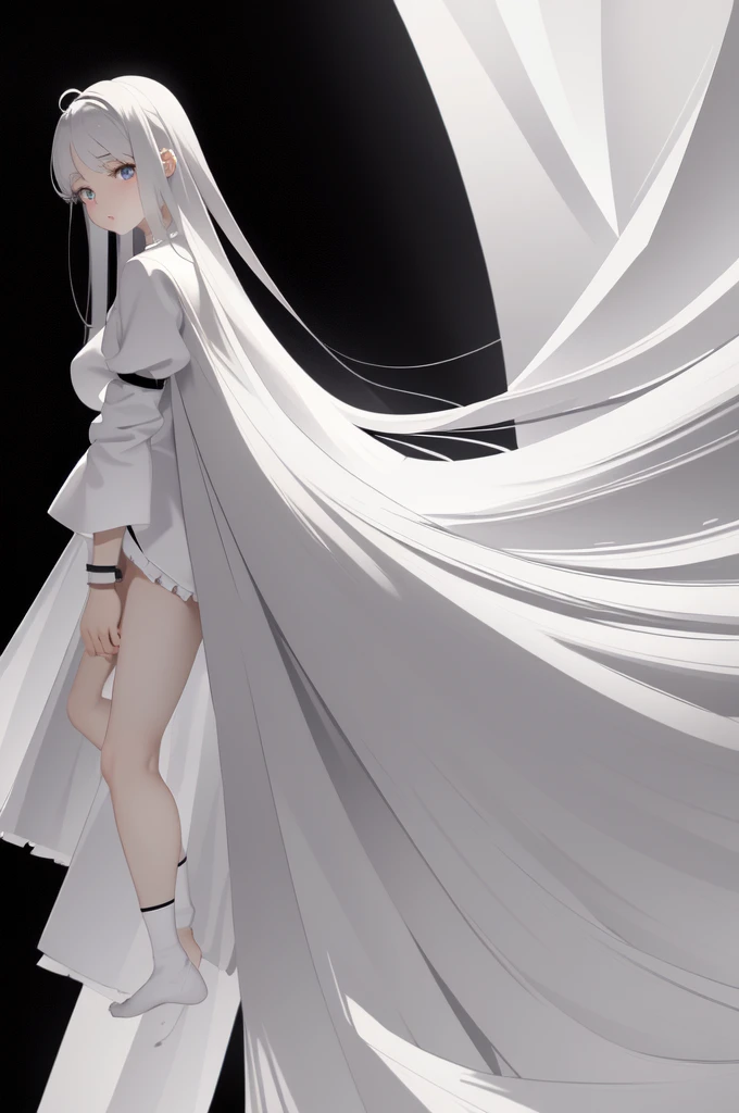 Girl white hair gray eyes fluffy long hair daily clothes ultra hyper high super 4K cosmic quality maximum mighty quality Nipples, visible from a white shirt (((masterpiece, highest quality)), no panties, 1 girl, (photorealistic: 1.4), solo, white background, black hair, long hair, absolute area, skirt, ((full body)), SFW