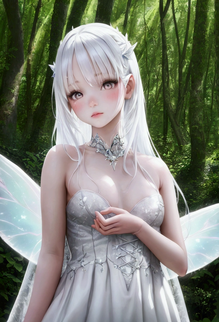One fairy girl, Beautiful Face, ((White eyes)),, Fairy Wings, performer, space, (Lightroom:1.13), Soft Light, (Natural skin texture:1.2), (Hyperrealism:1.2), Sharp focus, Concentrated,In the mysterious forest,Detailed clothing design,medium shot, cowboy shot