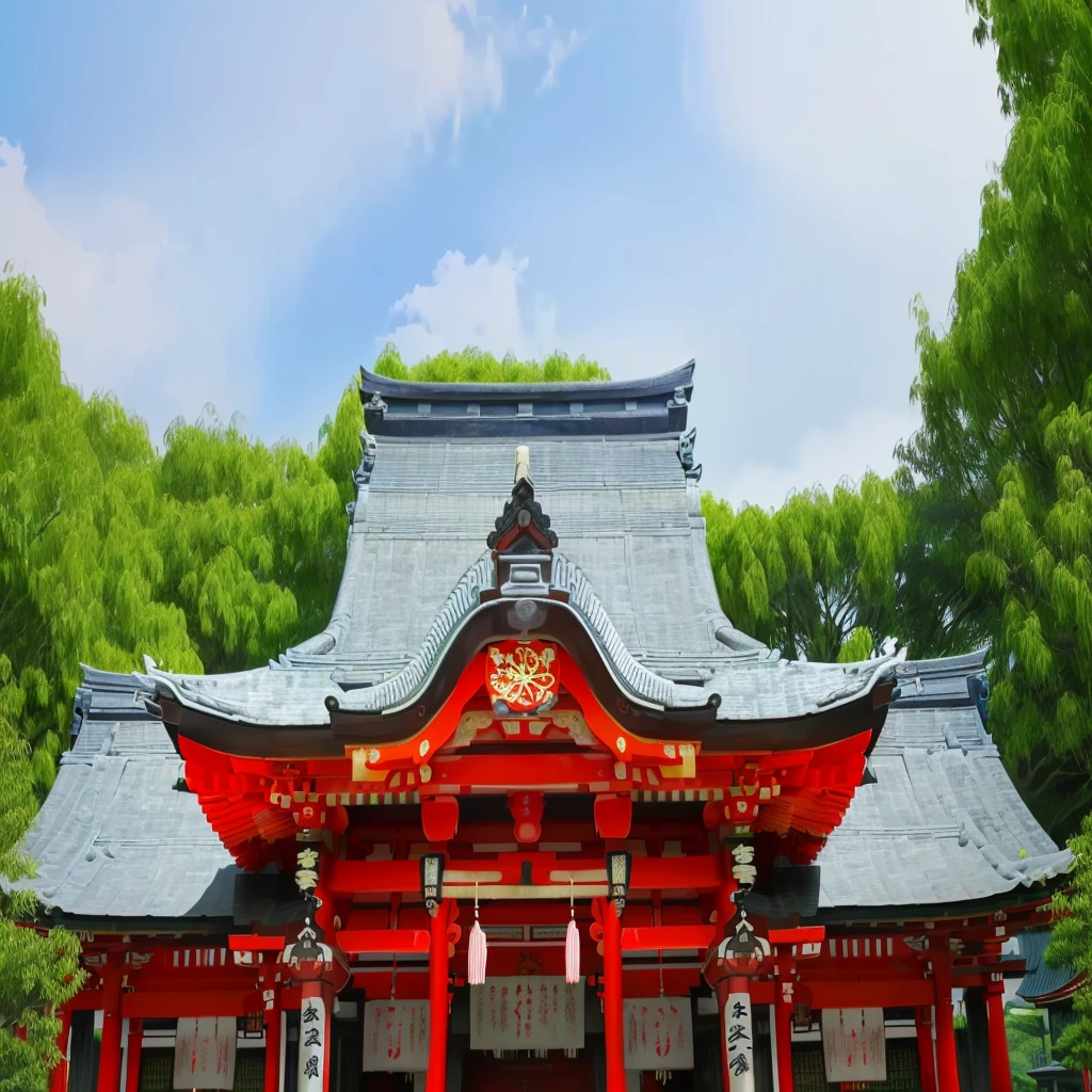 There is a red building with a blue roof and a red door., 稲荷shrine, shrine, 日本のshrine, Japan legacy, Traditional Japanese colors, centered torii gate, ancient Japanese architecture, Japanese architecture, Japan Tourism, Kamakura Period, Traditional Japanese, near a 日本のshrine, Inspired by Ito Jakuchu