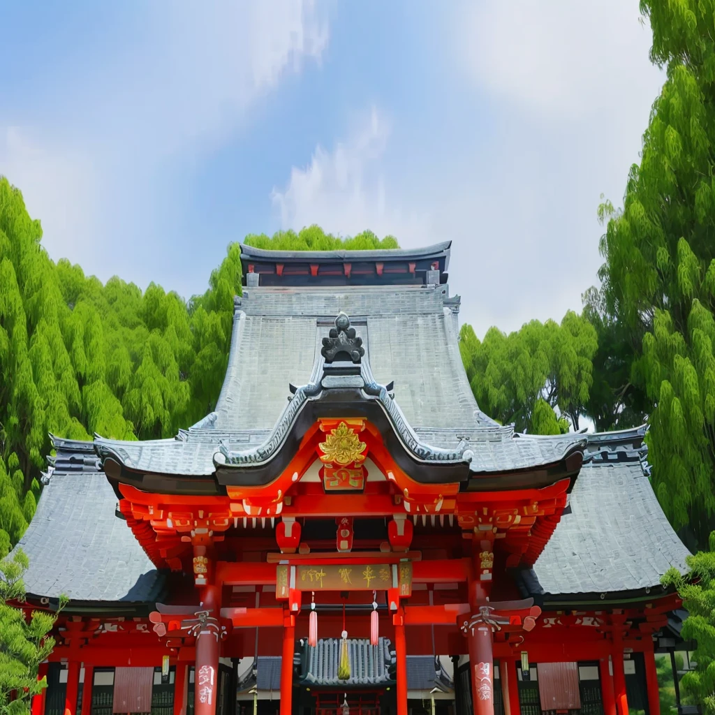 There is a red building with a blue roof and a red door., 稲荷shrine, shrine, 日本のshrine, Japan legacy, Traditional Japanese colors, centered torii gate, ancient Japanese architecture, Japanese architecture, Japan Tourism, Kamakura Period, Traditional Japanese, near a 日本のshrine, Inspired by Ito Jakuchu