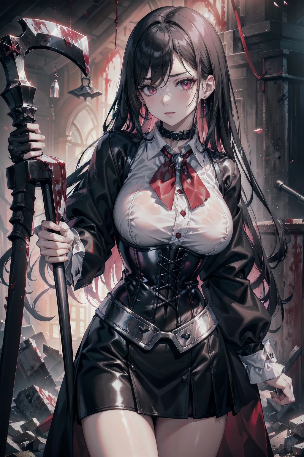 ((blood droplets)), ((blood)), ((blood splatter)), ((blood on clothes)) ((blood stain)), masterpiece, Superior image quality, High resolution, 4k image,photo and gross, photorealistic, whole body, distant view, ung man of 15 years, {{{vagina}}}, big breasts, beautiful face, long black hair, black eyes, very detailed eyes, pink cheeks, serious expression, choker:1.6, (white collar button down long sleeve shirt), black gloves, gloves that cover hands, (holding an ax in the right hand), (black leather corset), (shiny black miniskirt), Sensual Lips, show details in the eyes, View from the front, looking at the viewer, standing in a dark room, at night, crimson sky,