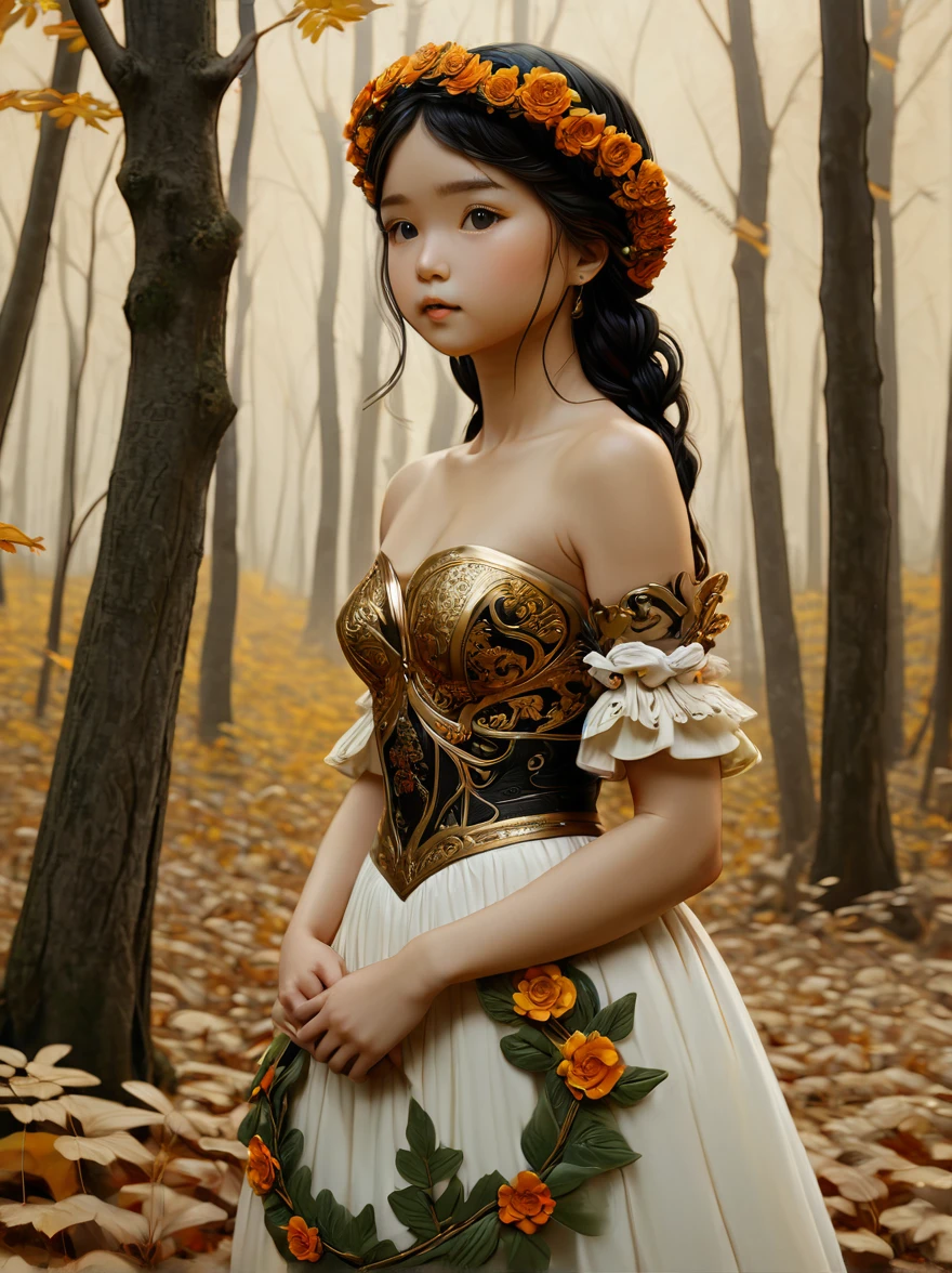 painting of a woman in a forest with a wreath of flowers on her head, a fine art painting inspired by Brad Kunkle, flickr, tonalism, brad kunkle detailed, brad kunkle elson peter, renaissance autumnal, in the autumn, late autumn, goddess of autumn, in autumn, lecouffe deharme, an american romanticism painting, beautiful autumn spirit