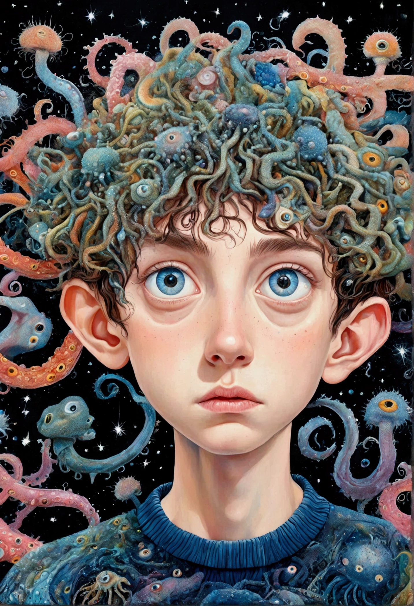 realistic surreal portrait of a person with autism, hyperrealistic oil painting, intricate details, striking visual fusion of various elements, surreal house, stars, spores, tentacles, detailed eyes, expressive face, fluid lines, strange illustration, pointillism, strong contrast, award winning artwork