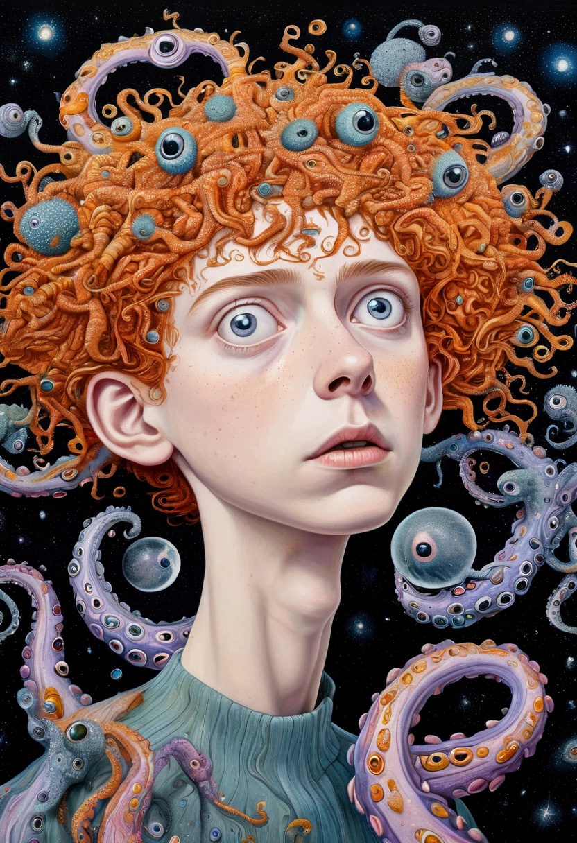 realistic surreal portrait of a person with autism, hyperrealistic oil painting, intricate details, striking visual fusion of various elements, surreal house, stars, spores, tentacles, detailed eyes, expressive face, fluid lines, strange illustration, pointillism, strong contrast, award winning artwork