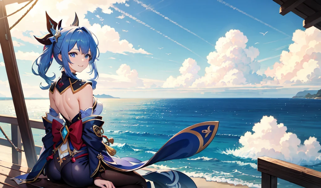 ((Highest quality)), ((masterpiece)), (detailed), One girl, ((masterpiece)), ((Highest quality)), ((masterpiece)), (detailed), One girl, ((masterpiece)), Navia style in Genshin Impact , With the sea in the background , Back of the ship , Have, gem, Sweet expression, smile,The sun is shining, Expressive blue eyes, Thighs,Hair Ribbon、