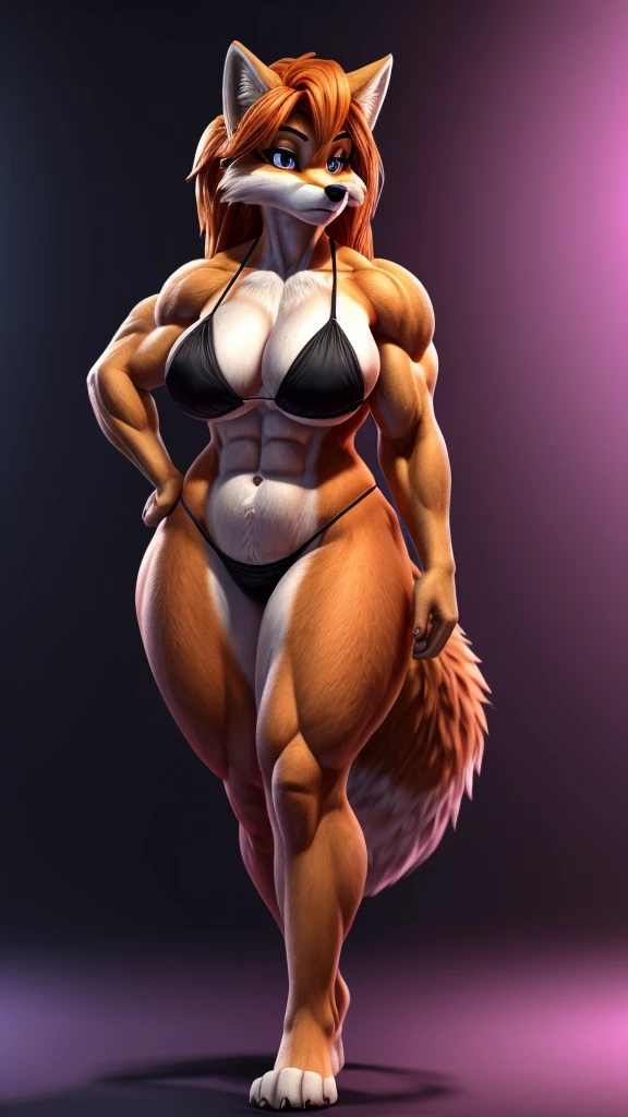 Skye from Paw Patrol, as a female fox, anthro, mature adult, flowy orange hair, magenta iris, tall, muscular, curvy, standing, white and black bikini, serious, detailed, solo, beautiful, high quality, clear background, 4K