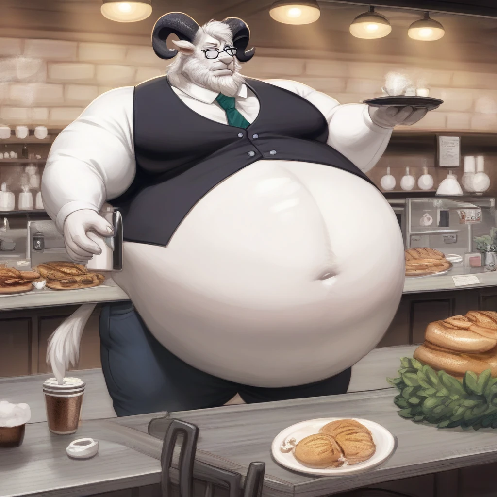 score_9, score_8_up, score_7_up, score_6_up, score_5_up, score_4_up, desolate, detailed background, cafe, anthro ram, ram horns, male, white fur color, hair in side ponytail, beard, mature glasses, button up vest with tie, slacks, holding tray with coffee, calming expression, fullbody, inflating, hyper belly