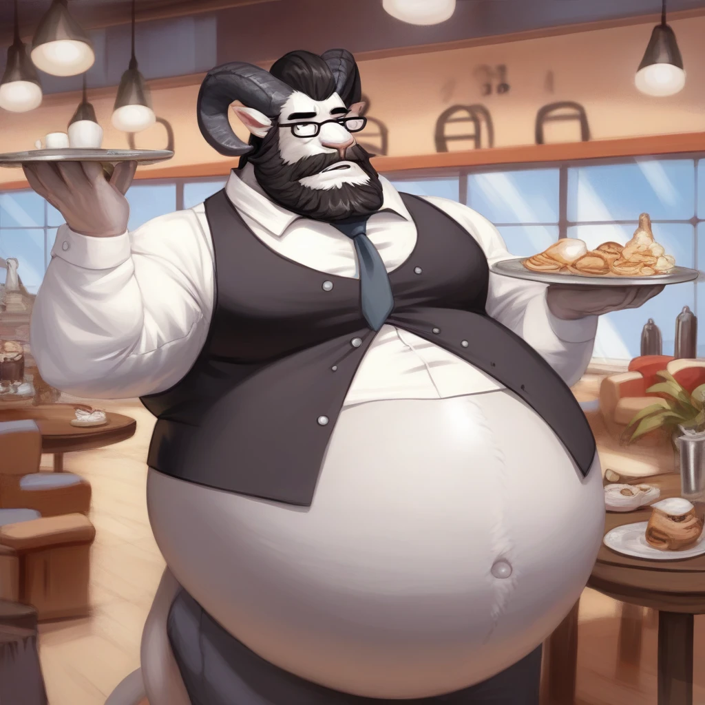 score_9, score_8_up, score_7_up, score_6_up, score_5_up, score_4_up, desolate, detailed background, cafe, anthro ram, ram horns, male, white fur color, hair in side ponytail, beard, mature glasses, button up vest with tie, slacks, holding tray with coffee, calming expression, fullbody, inflating, hyper belly