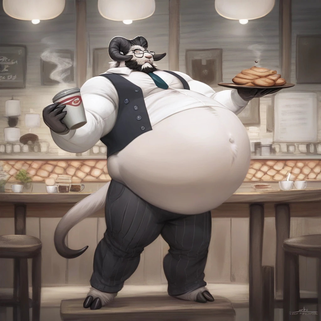 score_9, score_8_up, score_7_up, score_6_up, score_5_up, score_4_up, desolate, detailed background, cafe, anthro ram, ram horns, male, white fur color, hair in side ponytail, beard, mature glasses, button up vest with tie, slacks, holding tray with coffee, calming expression, fullbody, inflating, hyper belly