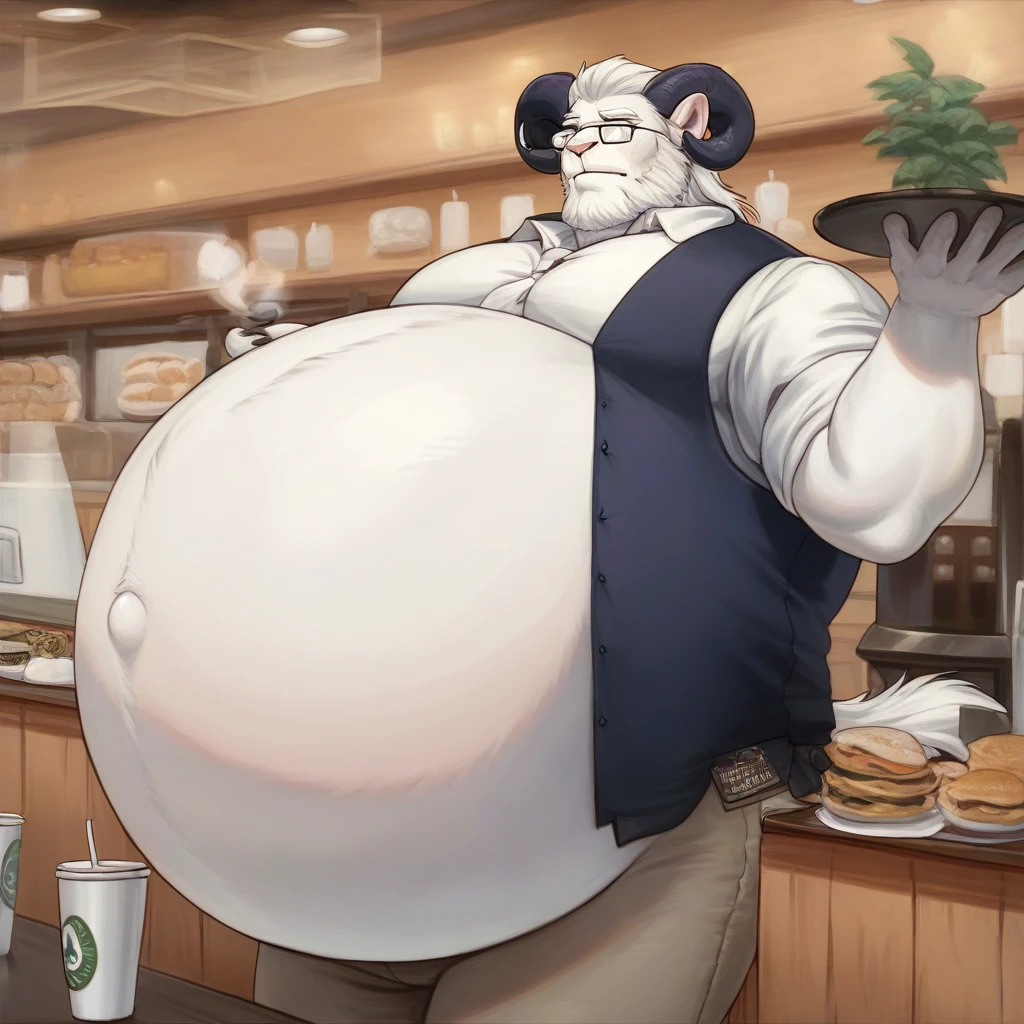 score_9, score_8_up, score_7_up, score_6_up, score_5_up, score_4_up, desolate, detailed background, cafe, anthro ram, ram horns, male, white fur color, hair in side ponytail, beard, mature glasses, button up vest with tie, slacks, holding tray with coffee, calming expression, fullbody, inflating, hyper belly