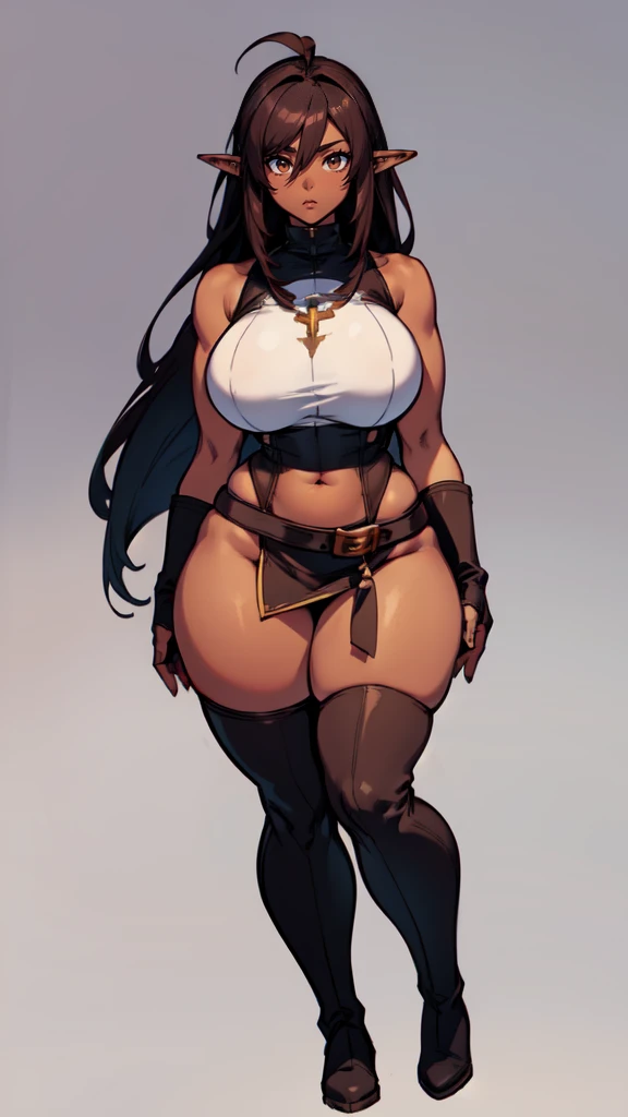 ((blank background)), (((full body))), masterpiece, best quality, thief girl, ((huge girl)), (random hair color), (wide hips:1.4), (thick thighs:1.3), ((dark skin)), ((short brown skirt)), ((long legs)), female muscular:0.8, (curvy:1.4), standing, sleeveless, fingerless gloves, leather armor, ((hime cut)), ((symmetry)), ((long boots)), belt under navel, elf ears