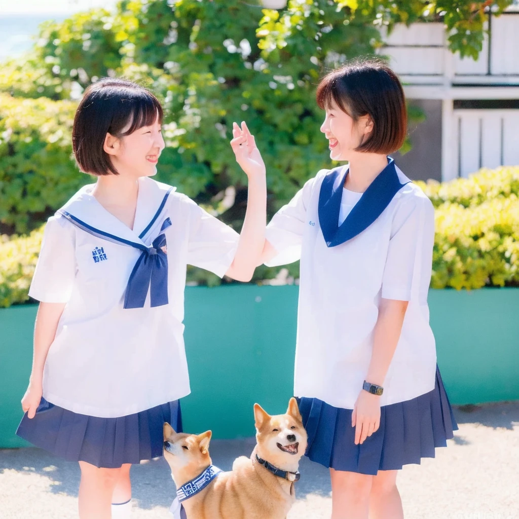 ((Best quality, 8K, masterpiece:1.3)), Japanese high school girl with short bob hair, wearing a sailor uniform, happily interacting with a Shiba Inu, confident smile, happy expression, seaside location, blue sky