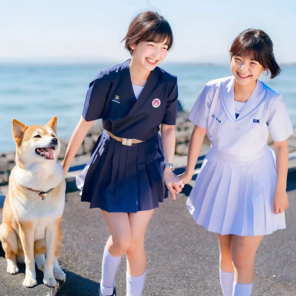 ((Best quality, 8K, masterpiece:1.3)), Japanese high school girl with short bob hair, wearing a sailor uniform, happily interacting with a Shiba Inu, confident smile, happy expression, seaside location, blue sky