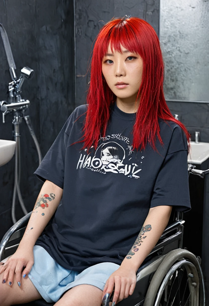 Uhd, photo of Cami, subject: Noriko, 1/2 Japanese 1/2 Hainu skinny girl in 2/00 a large wheelchair with wet long red hair and head resting on a Hairdressing Sink, shampoo foam on hair, blue+++ eyes, oval face, LGBTQIA+, queer, punk style, wearing grey tracksuit treasures and black t-shirt, tattooes. Background: black walls of hairdressers' studio.