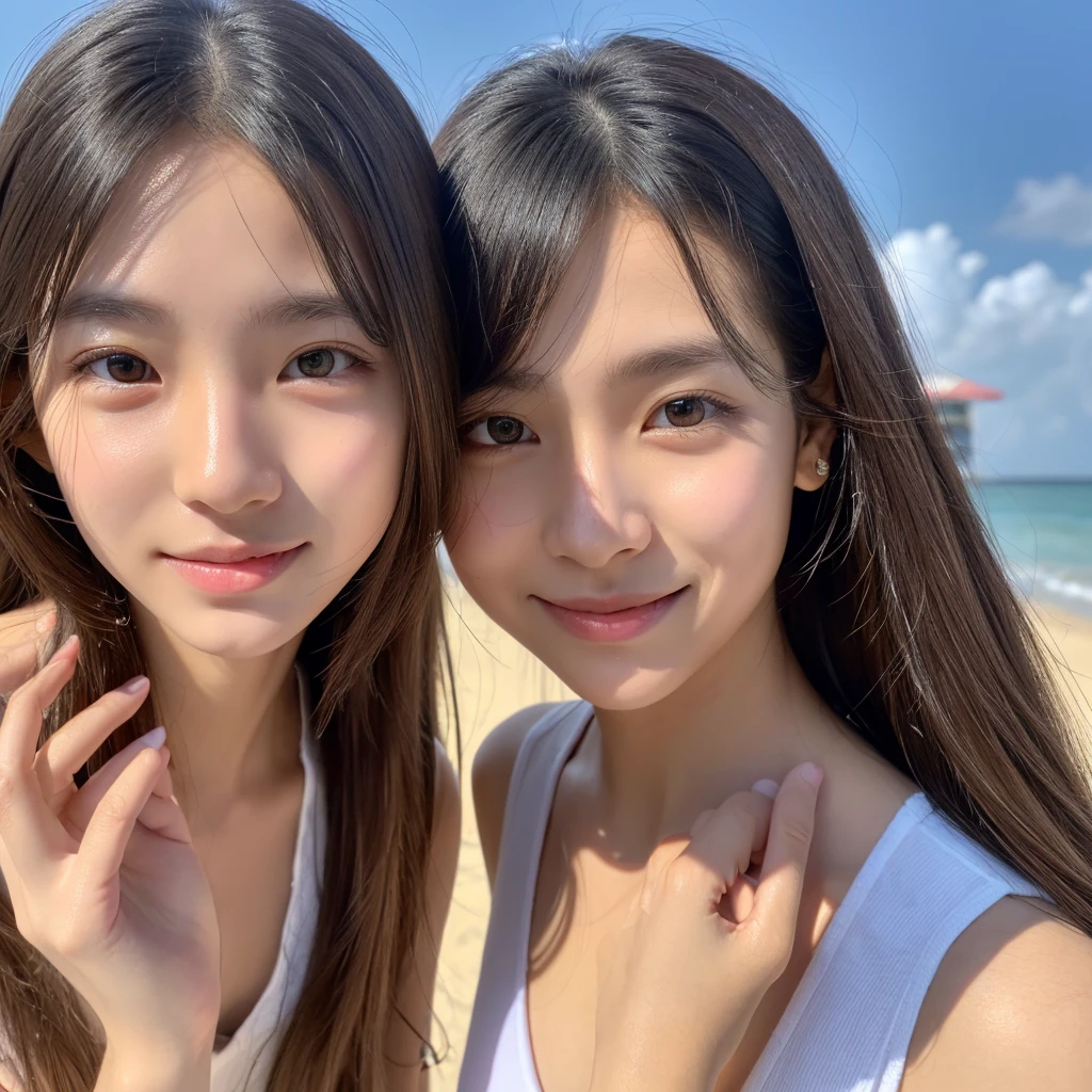 16 year old identical twin sisters, clear facial features, Close up, feliz e golden retriever, Bblack hair, walk on a beautiful sandy beach.(8k、Live filming、highest quallity、work of art:1.2)、super verbose、super resolution、(hyper Reality、)super verbose、super resolution、(Real、Real photo:1.47)、high-detailed face、highly-detailed eyes、Extremely realistic skin、 highly detailed fingers, Highly detailed nose, highly detail mouth, highly detailed background,