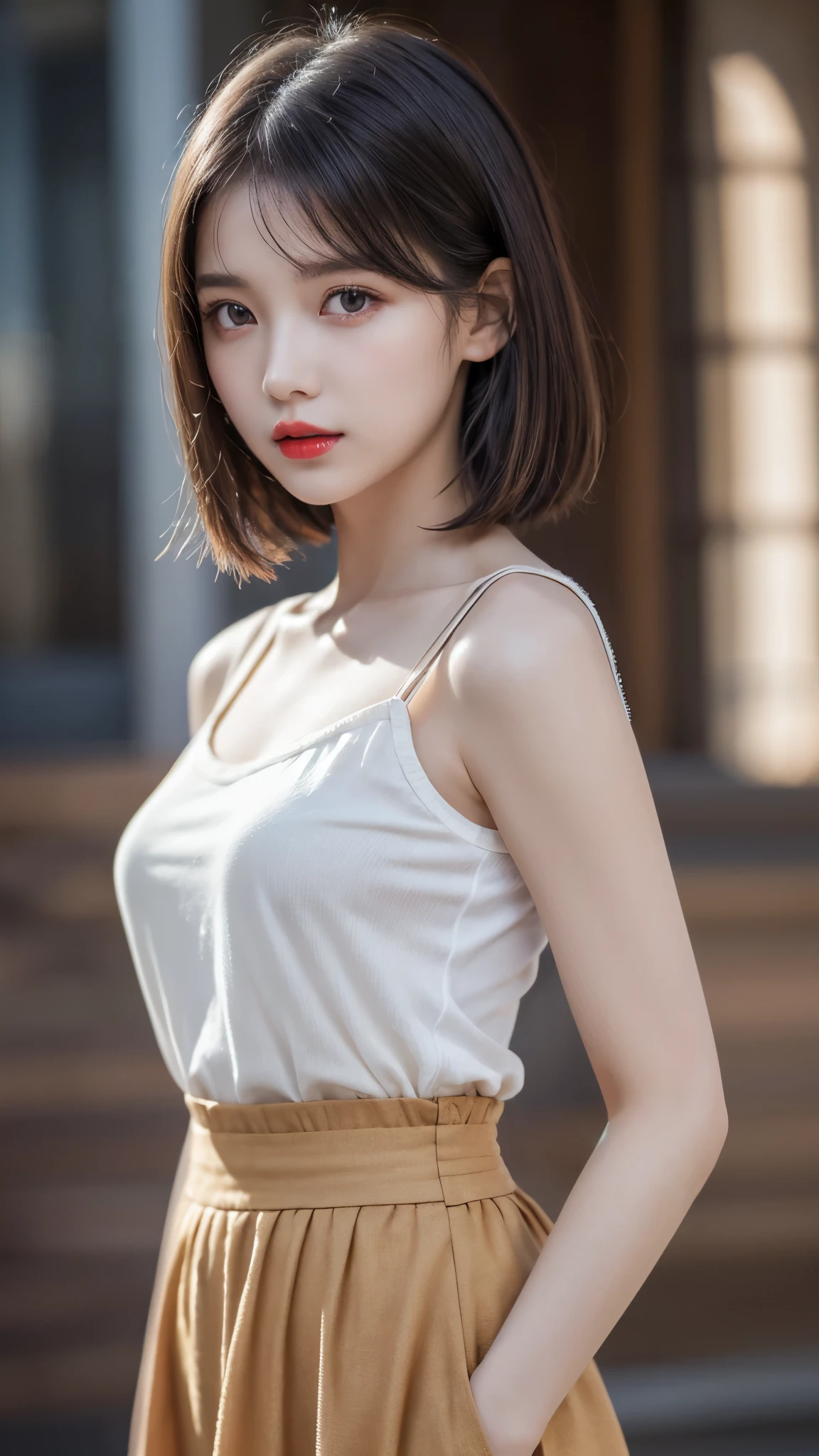 (Best quality,8k,high resolution,masterpiece:1.2),Digital Artwork, A girl,Delicate face,Delicate eyes,Dark brown hair,Short straight hair,Shining amber eyes,Red lips,suspender long skirt,particle,dust,Warm colors,shy,in love,Eevee drawing,(HD skin),Shallow depth of field,Film photos