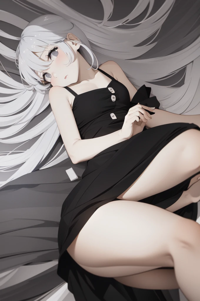 The girl in the dream, with white hair, black dress, gray eyes, lying on the bed, looking at me