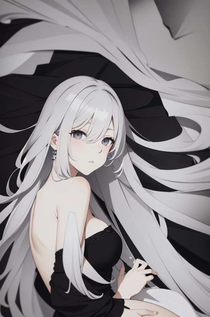 The girl in the dream, with white hair, black dress, gray eyes, lying on the bed, looking at me