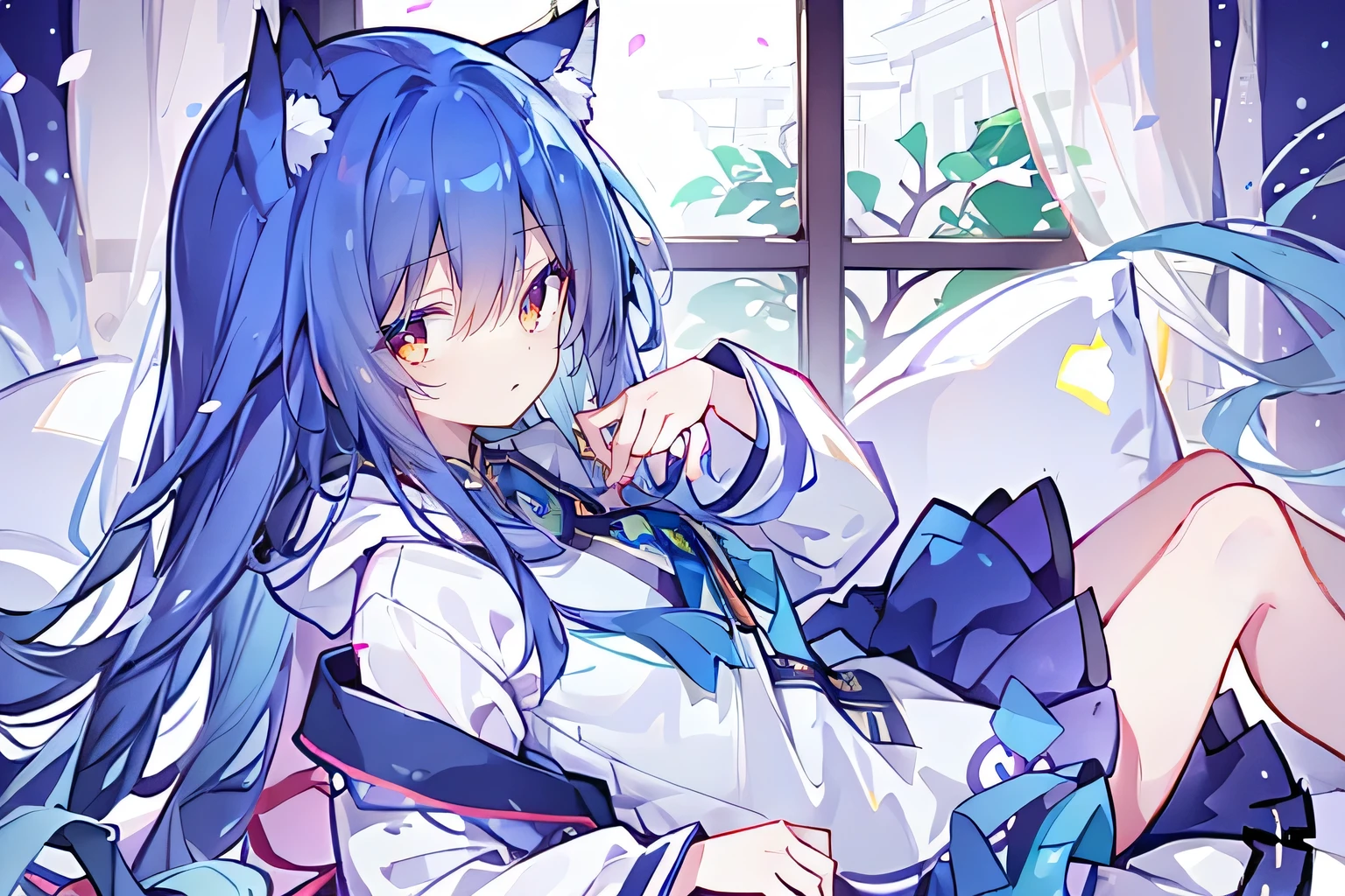 （masterpiece：1.2），Super detailed，lifelike，Expressive eyes，fair skin，perfect face shape，1 girl，
Japanese comics,Gorgeous blue hair,flowing blue hair,flowing clothes,Cat ears,Petals fall,beautiful lola,Baby Angel,
Shaking head with one hand，Cross your legs，Gentle and peaceful background，The pavilion is cool and comfortable,smile, wearing hoodie, In front of the window,snowing