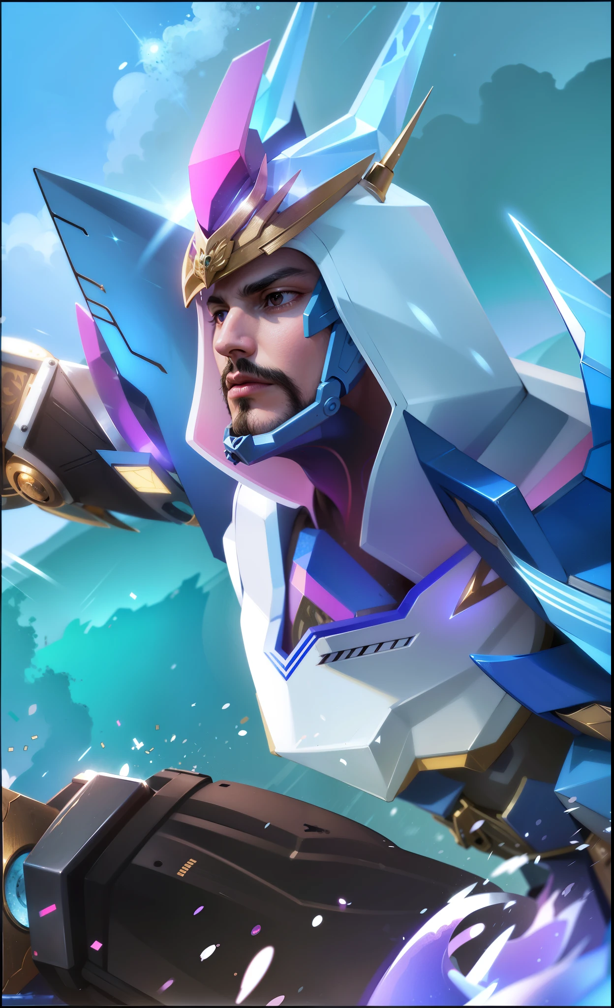  This is a digital rendering of a fantasy warrior in a blue and purple armor with gold accents, holding a sword.