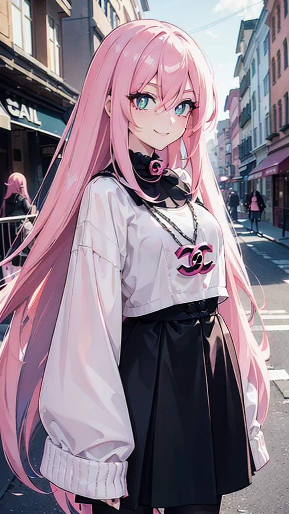 (street snap, Wearing CHANEL and looking happy. )(((masutepiece))) fullllbody(1 girl)((Pink hair, Long hair,Straight hair,two side up)) (Green eyes),eyeshadows, eye line,gloweyes, ultradetailed eyes, intricate eyes, Beautiful eyes, ((Glowing pink pupils))a 18 year old girl, 