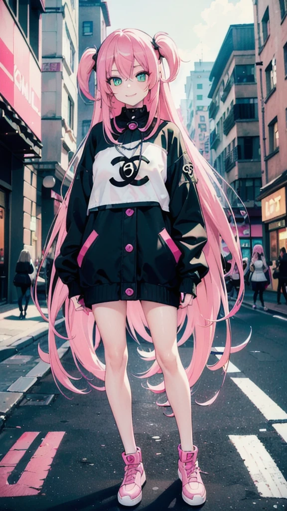 (street snap, Wearing CHANEL and looking happy. )(((masutepiece))) fullllbody(1 girl)((Pink hair, Long hair,Straight hair,two side up)) (Green eyes),eyeshadows, eye line,gloweyes, ultradetailed eyes, intricate eyes, Beautiful eyes, ((Glowing pink pupils))a 18 year old girl,