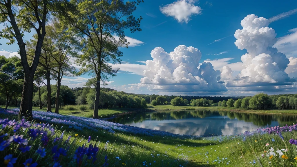 magic forest, flowers, blue sky, clouds