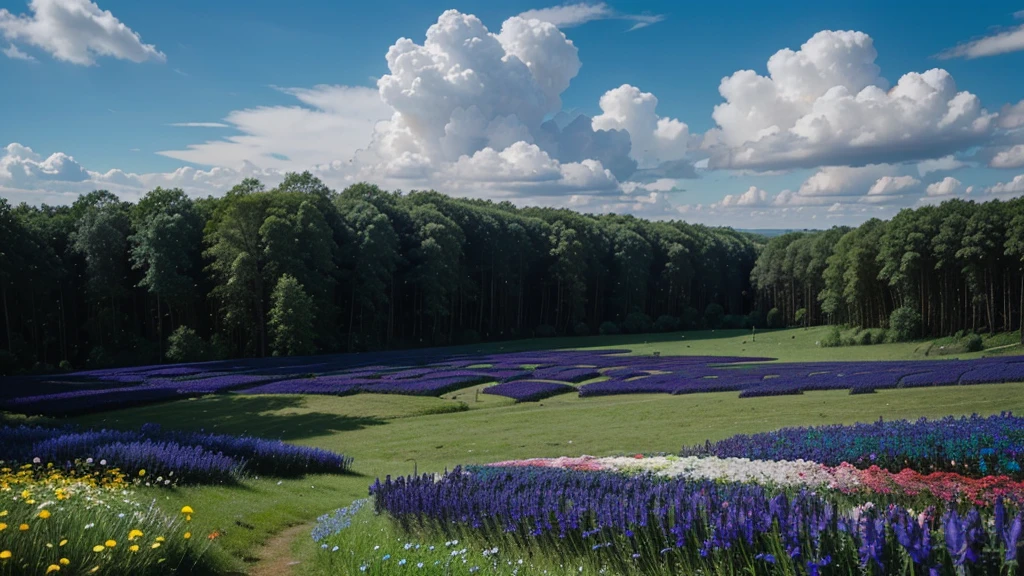 magic forest, flowers, blue sky, clouds