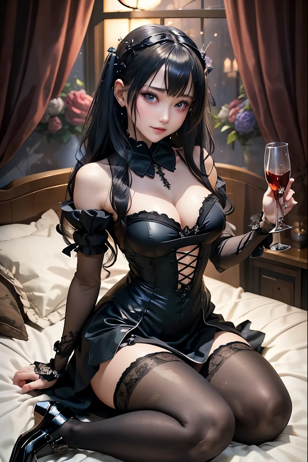 ハードなDark Gothicメイク、Black dark eyeshadow、sad、Good skin radiance、Dark Gothicメイク、Dark smile、palace、The beauty of fragrance、24-years-old、Expression of intense sexual pleasure、Embarrassed look、Dark Gothic、Highest quality、Expression of sexual pleasure without pain、Drunk face、Purple maid outfit、Mysterious、Noble、sexy、Loving smile、Twin tail hair、Right blue eye、Left eye is red、Super tempting pose、Platform Heel Shoes、Heavy makeup、Gothic ta clothes、Silver Hair、Long Hair Straight Hair、Cute Gothic Loliress、Beautiful Face、elegant features、Attractive face、Stained glassを背景に、Chest glistening with sweat、The room is dark、goth long dress、Bell Sleeves、Wizard Sleeve、Decadent look、Sexually excited expression、Glossy thighs wet with water、Thighs that are wet and shiny with oil、Background of a room full of roses、sad表情、Rose Maiden、The embroidery is pink、The dress has pink embroidery.、Thigh-high socks、Knee-high socks、Gentle expression、Dark black eyeshadow、Stained glassとバラの背景、thighs are a little thin、Female Duo、Female couple、dark church background、Stained glass、Black metal world、Dark Castle、Dark Room、Slender body、gothic long dress、Victorian dress、Small breasts、Hold the wine in your right hand、Hold the lantern in your left hand、pantyhose、The bed is covered with roses、Her thighs are shining with sweat、My body is wet and shiny、Lots of glitter on the thighs、sweating、私の太ももはsweatingでベタベタしている、Sweat glistening on my thighs、The whole body is sweaty and shiny、I sweated a lot.、My thighs are sweaty、Wet thighy thighs are shining with sweat、A lot of sweat glistening all over the body、Slender body、Put your head on the pillow、Sleeping on a bed、Beautiful legs、Legs stretched straight、Lie down in bed、Lie on your back in bed、Thin legs、hold a candle、