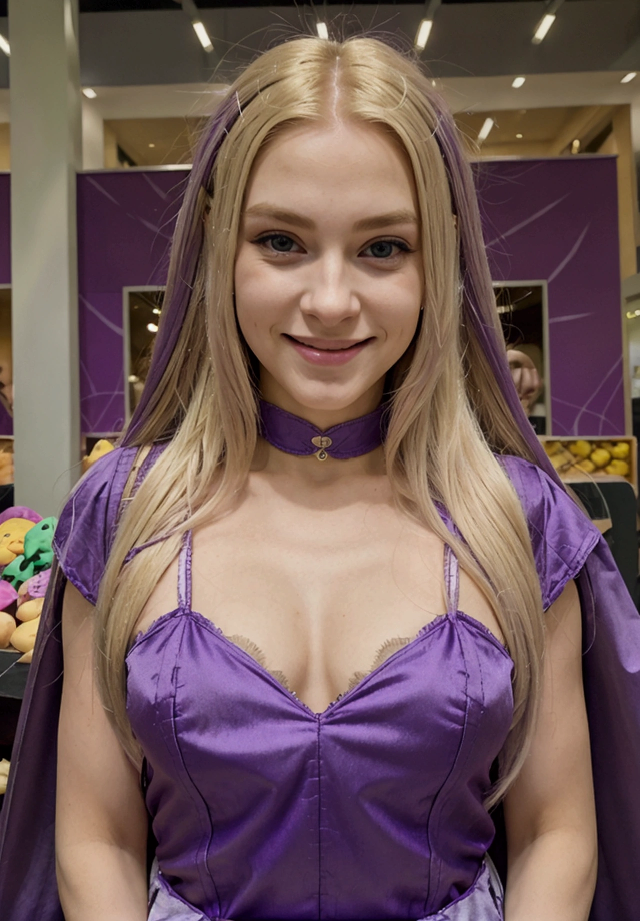 a blonde woman, long purple hair, hugging a a at comercial center, with an evil smile on her face