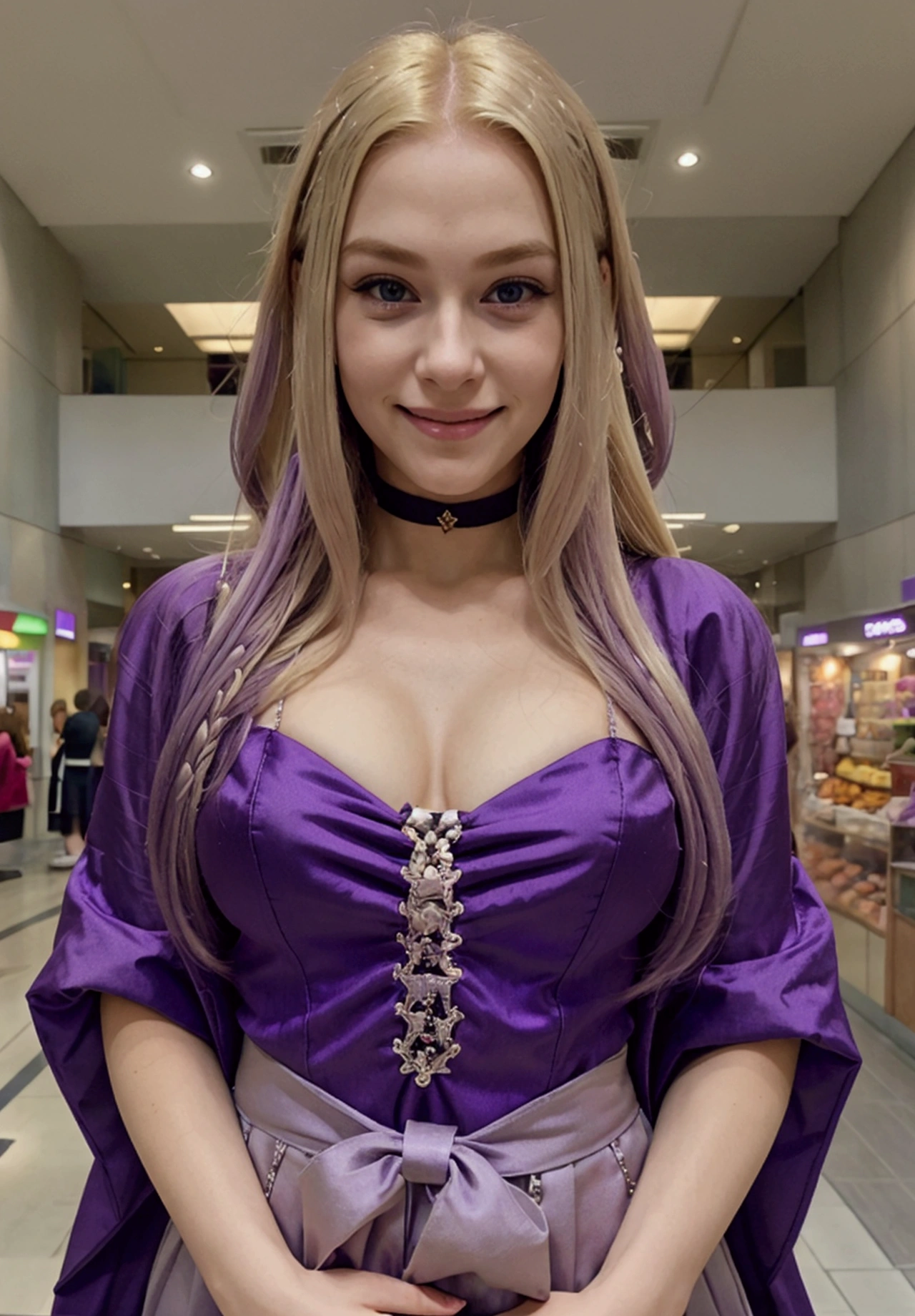 a blonde woman, long purple hair, hugging a a  at comercial center, with an evil smile on her face 