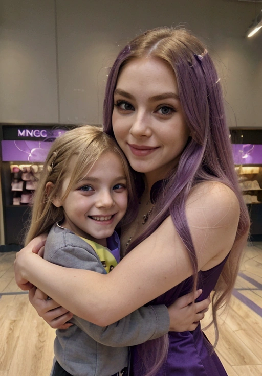 a blonde woman, long purple hair, hugging a a  boy at comercial center, with an evil smile on her face 