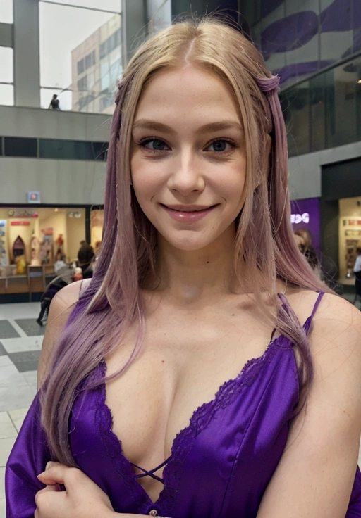 a blonde woman, long purple hair, hugging a a at comercial center, with an evil smile on her face