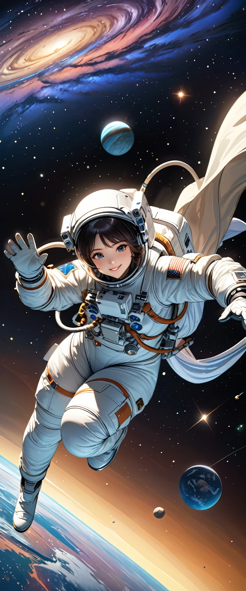 (masterpiece:1.2, Highest quality,High resolution,Very detailed),8k,wallpaper,(Female astronaut doing a spacewalk),Spacesuit,Milky Way,milky way,(Cute smile),(sexy),(Voluptuous:1.3),(Rendering something floating in space),(((Hand,detailed,perfect,perfection,hands))),(dynamic:1.5),(action shot)