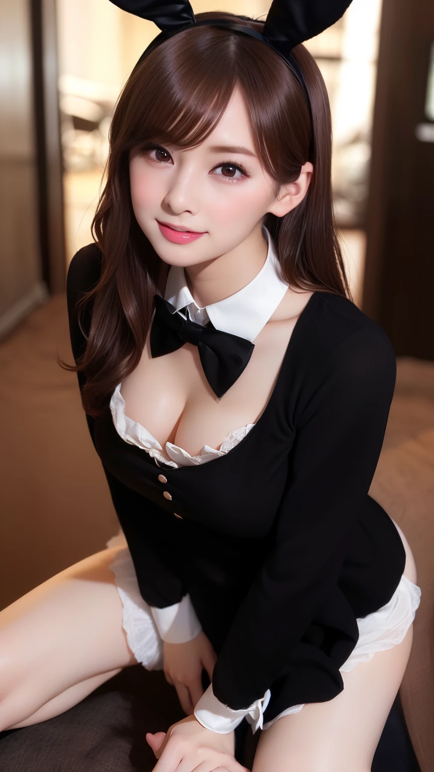 4K, Realistic,Very detailed,Rabbit costume,Bunny girl、Big Breasts、Soft Theme,Age 25、smile、((Spread your legs))、(((Alice in Wonderland World)))、((I have a pocket watch))、(Wear a black tuxedo)、((Delicate painting))，(Detailed RAW photos of girls), (Masterpiece:1.25), (Highest quality:1.6), (Ultra-high resolution:1.5), (Realistic:1.75), 8K resolution,:1.6),  Canon EOS R5, 50mm,Very detailedな,Cinema Lighting、