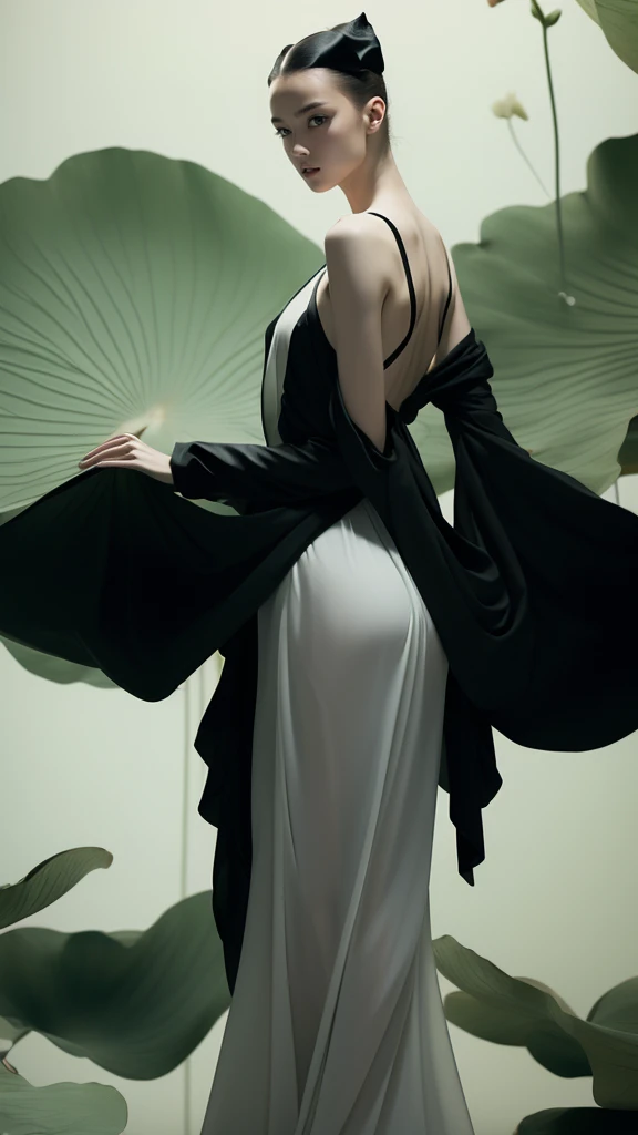 ((Best quality)), ((Masterpiece)), ((Realistic)), passionate athletic ballerina showing off in shiny black , in the style of bold domestic intimacy and catwoman , half-body view, white background, color photography by marta bevacqua