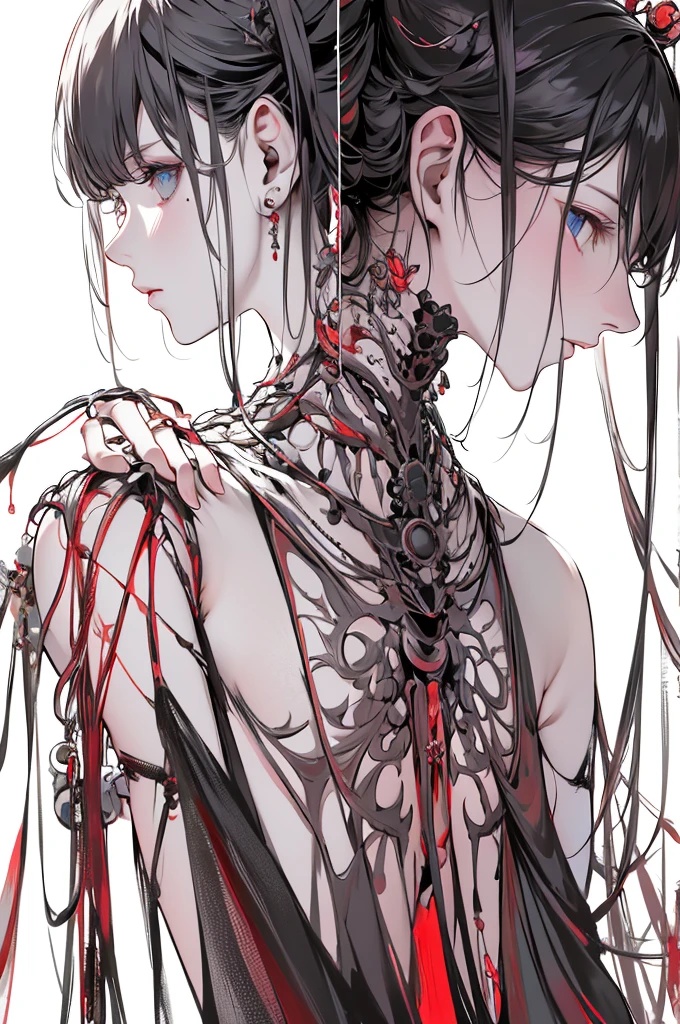 （masterpiece，Highest quality，Highest quality，Official Art，Beauty and aesthetics：1.2），（1. Mechanical Girl：1.3），（Upper body only：1.4），Huge ，Severed from the neck（Exposing internal organs and mechanical entrails），Blood管，（Pierced the body：1.4 ），Very detailed，rich color details（（Very detailedな）），（Very detailedなCGイラスト），（（Very elegant and beautiful），（From the side From the side），（Machine made joints：1.2），（（Mechanical Limbs）），（チューブに接続されたBlood管）， （Mechanical vertebrae attached to the back），（（Mechanical cervical vertebrae attached to the neck）），（sit），Expressionless，（Wires and cables attached to the neck：1.2），（Overhead Wires and Cables：1.2）（Character Focus），sf，White Background，（Blood：1.5），
