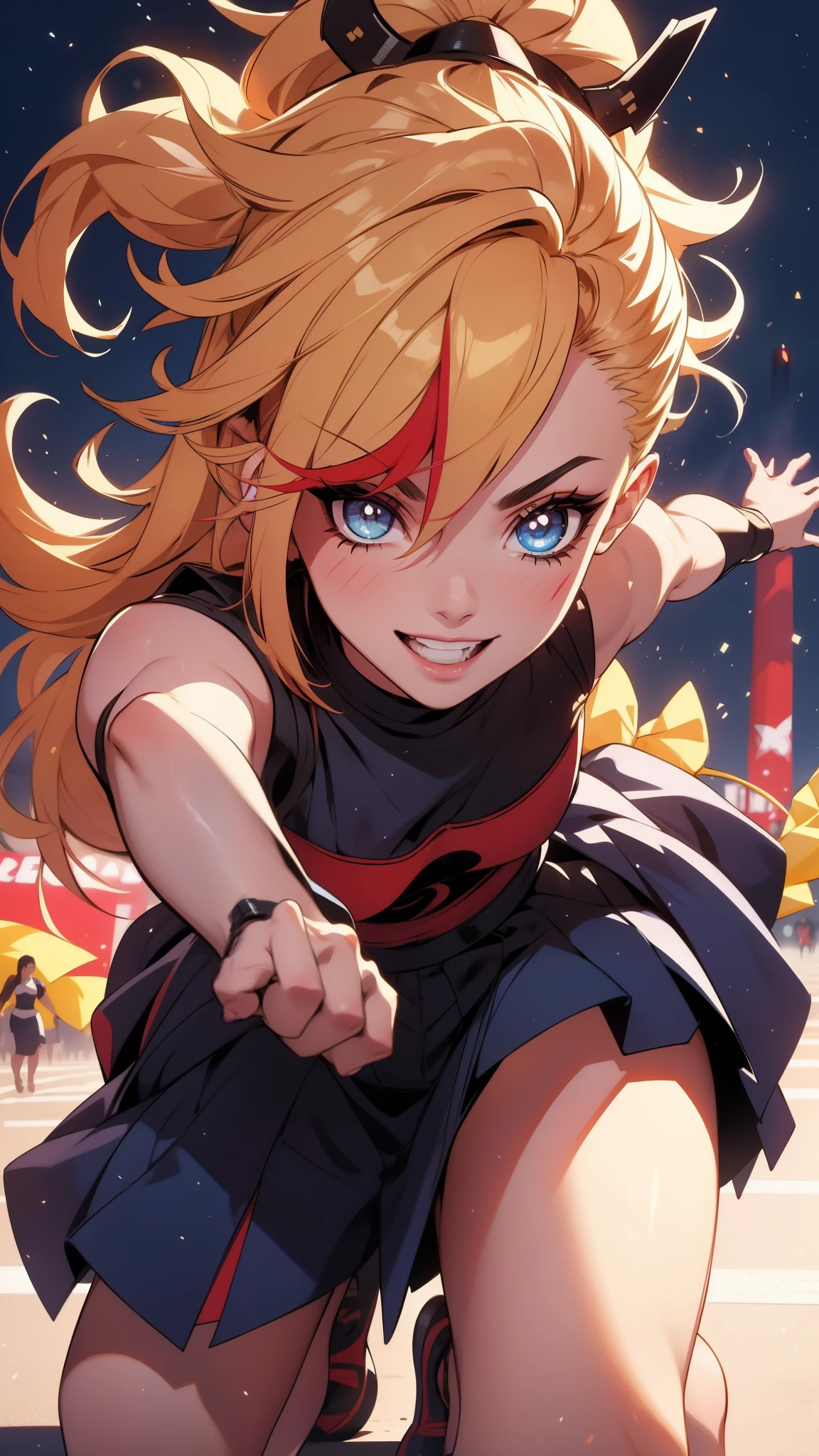 Cheerleader, cute woman, holding down a katana, big smile, samurai pose, kneeling pose, expressive, simple nightscape, confident smile, ultra detailed face, better quality, perfect eyes Blue, glowing eyes, long eyelashes, sharp eyes, ultra detailed face, ultra long hair, ultra detailed hair, ultra detailed hair strands, catwalk, walking down the streets, night, starry Sky, ultra detailed lips, Red lips,
